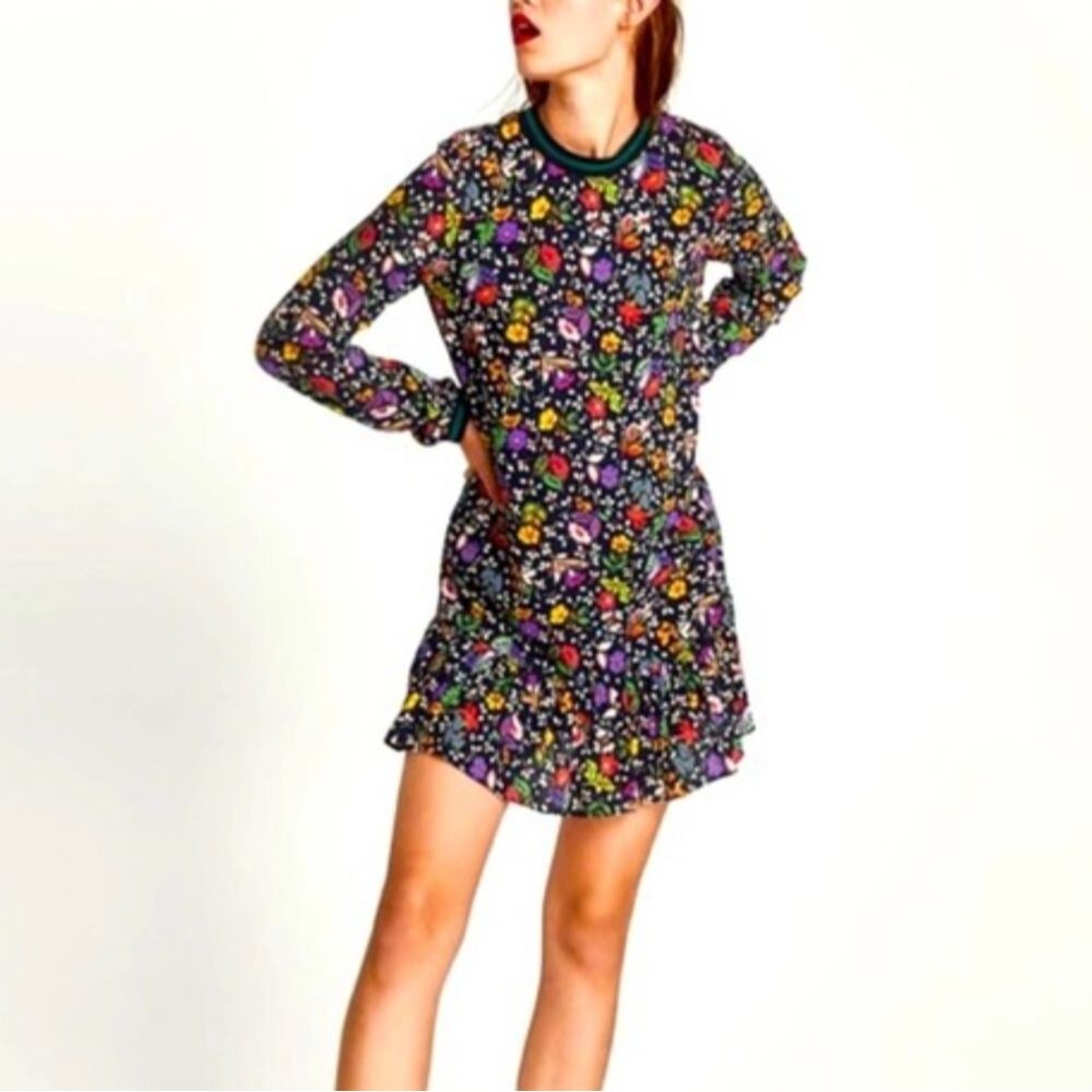 Zara Trafaluc Collection Black Multicolor Floral Mini Dress Ruffle Hem Small